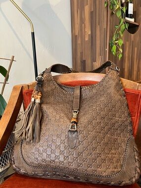 Gucci Brown Jackie Monogram Leather Shoulder Hobo with Tassel